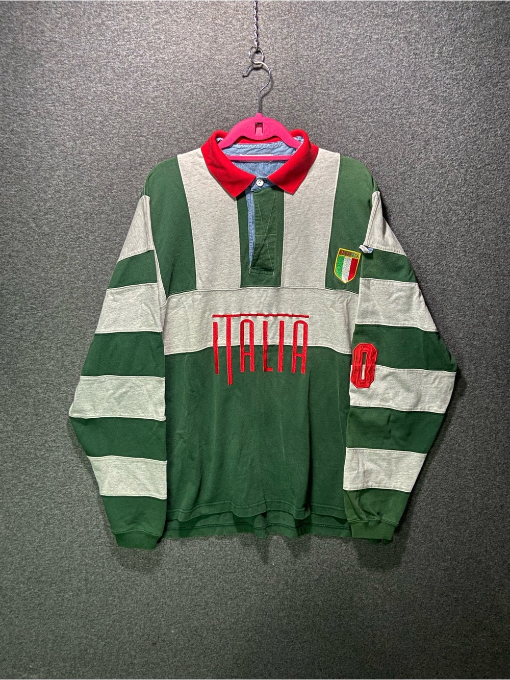 Vintage 90s Mondetta Italia Rugby Shirt Mens XL Green Grey Striped Italy Flag